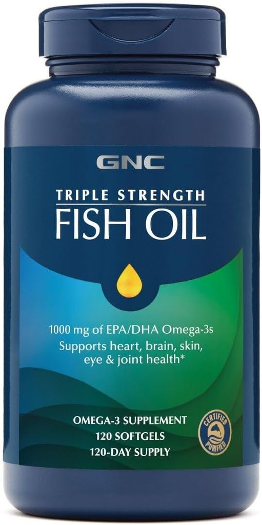 GNC τριπλή δύναμη ιχθυέλαιο, Twin Pack, 120 Softgels ανά μπουκάλι, υποστηρίζει την καρδιά, τον εγκέφαλο, το δέρμα, τα μάτια και κοινή υγεία