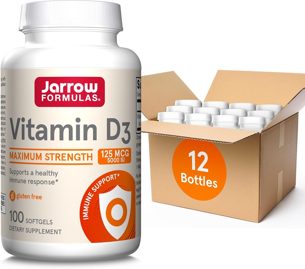 Jarrow Formulas Βιταμίνη D3 125 mcg (5000 IU) - 100 Σερβιέτες (Softgels) - Υγεία των οστών, Ανοσοποιητική Υποστήριξη & Μεταβολισμός του ασβεστίου - Συμπλήρωμα βιταμίνης D - D3 Βιταμίνες - 5000 IU Βιταμίνη D (Pack of 12)