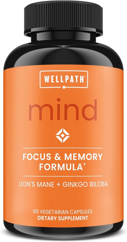 WellPath Mind Brain Supplement for Memory and Focus with Lion's Mane | Ginkgo Biloba and L-Theanine for Long Term Cognitive Support | Vegan, Non-GMO, 60 Ct