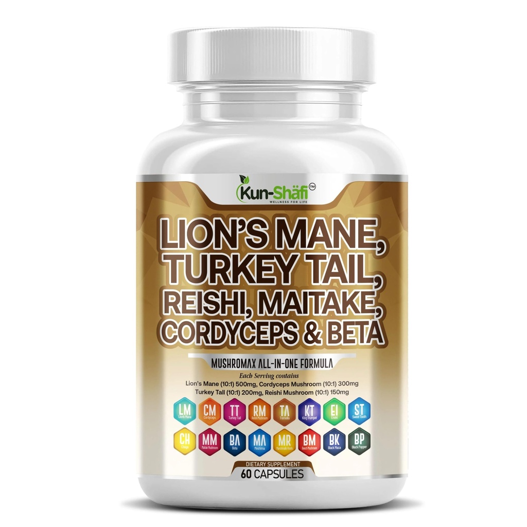 Lions Mane 3000 mg 20in1 Mushroom Supplement with Turkey Tail 2000mg Reishi 1000 mg Cordyceps Chaga 1000 mg Maitake Meshima Poria Cocos Shiitake Oyster Porcini Enoki 60 Count