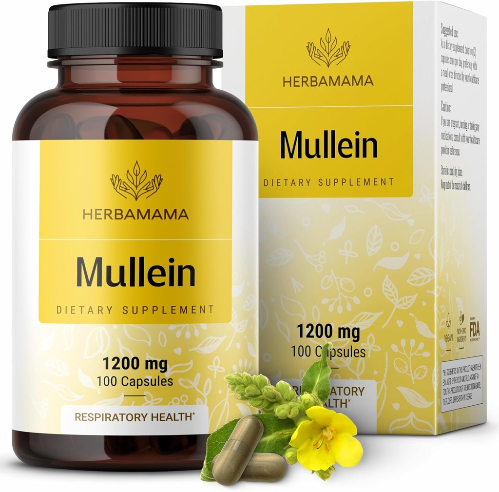 HERBAMAMA Mullein Leaf Capsules - Lung Detox Desteği için 1200 mg Mullein Broşürü - Vegan, Non-GMO Respiratory Lung Cleanse Supplement