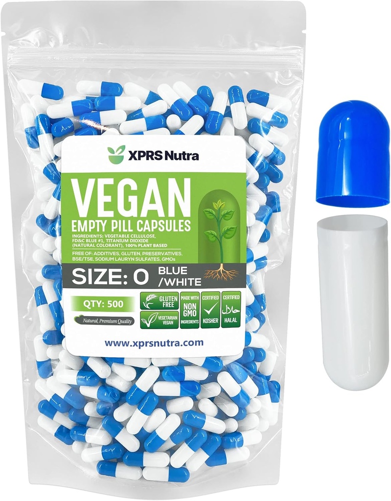 XPRS Nutra Μέγεθος 0 Κενές κάψουλες - 500 Count Empty Vegan Κάψουλες - Χορτοφαγικά Χάπια - DIY Καψάκιο Γέμισμα - Veggie χάπια για το Do-It-Yourself συμπληρώματα (Blue/White)