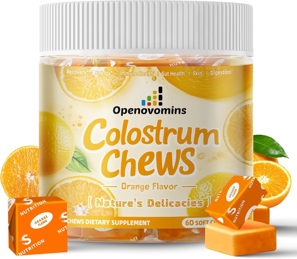 Bovine Colostrum Soft Chews Supplement, Gut Health, Bloating, Immune Support, Skin, Saç Büyüme ve Güzellik - Orange Flavor (60 Hizmet)