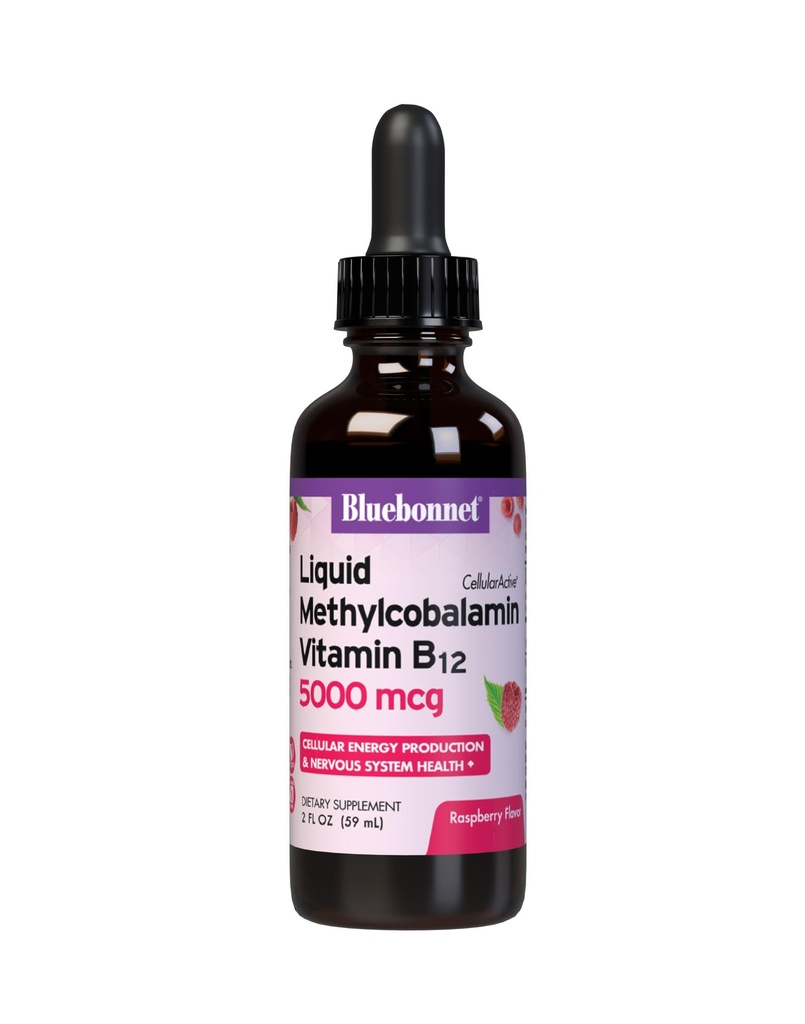 Bluebonnet Sıvı Mekobalamin Vitamin B12 5000 mcg Active Coenzyme Form of Vitamin B 12 Liquid Drops Energy Supplement for Women & Men - Vegan, Gluten-Free - Raspberry Flavor - 2 Fl Oz Oz