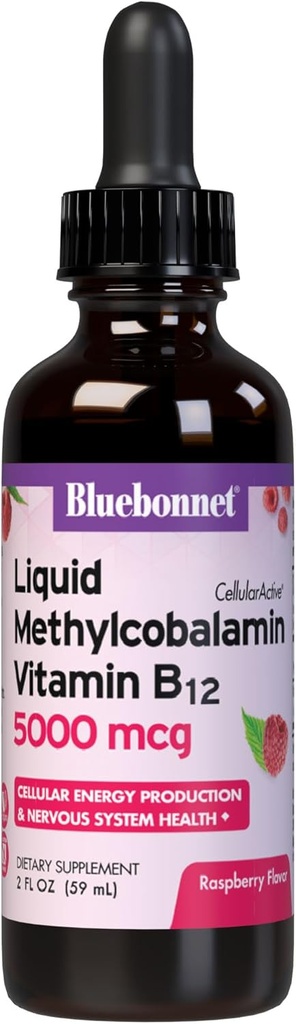 Bluebonnet Sıvı Mekobalamin Vitamin B12 5000 mcg Active Coenzyme Form of Vitamin B 12 Liquid Drops Energy Supplement for Women & Men - Vegan, Gluten-Free - Raspberry Flavor - 2 Fl Oz Oz