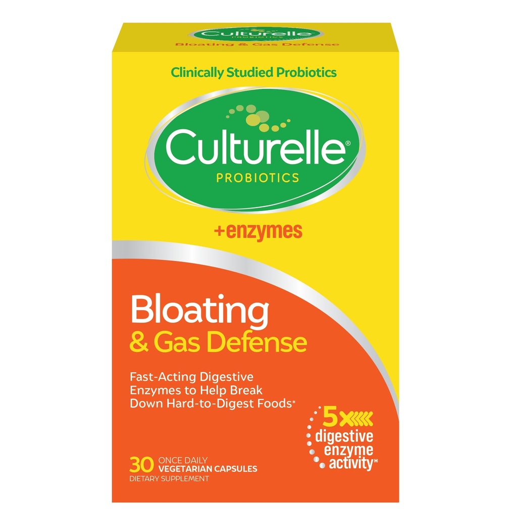 Culturelle Bloating & Gas Defense, Digestive Enzymes & Probiyotiks for Digestive Health, 30 Capsules, Supports Occasional Indigestion & Discomfort