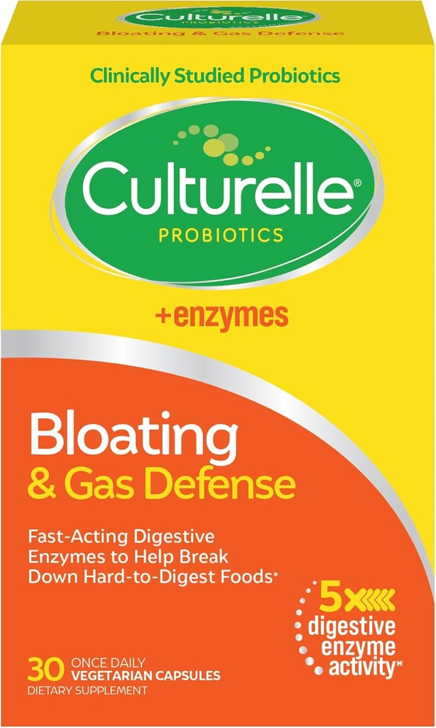 Culturelle Bloating & Gas Defense, Digestive Enzymes & Probiyotiks for Digestive Health, 30 Capsules, Supports Occasional Indigestion & Discomfort