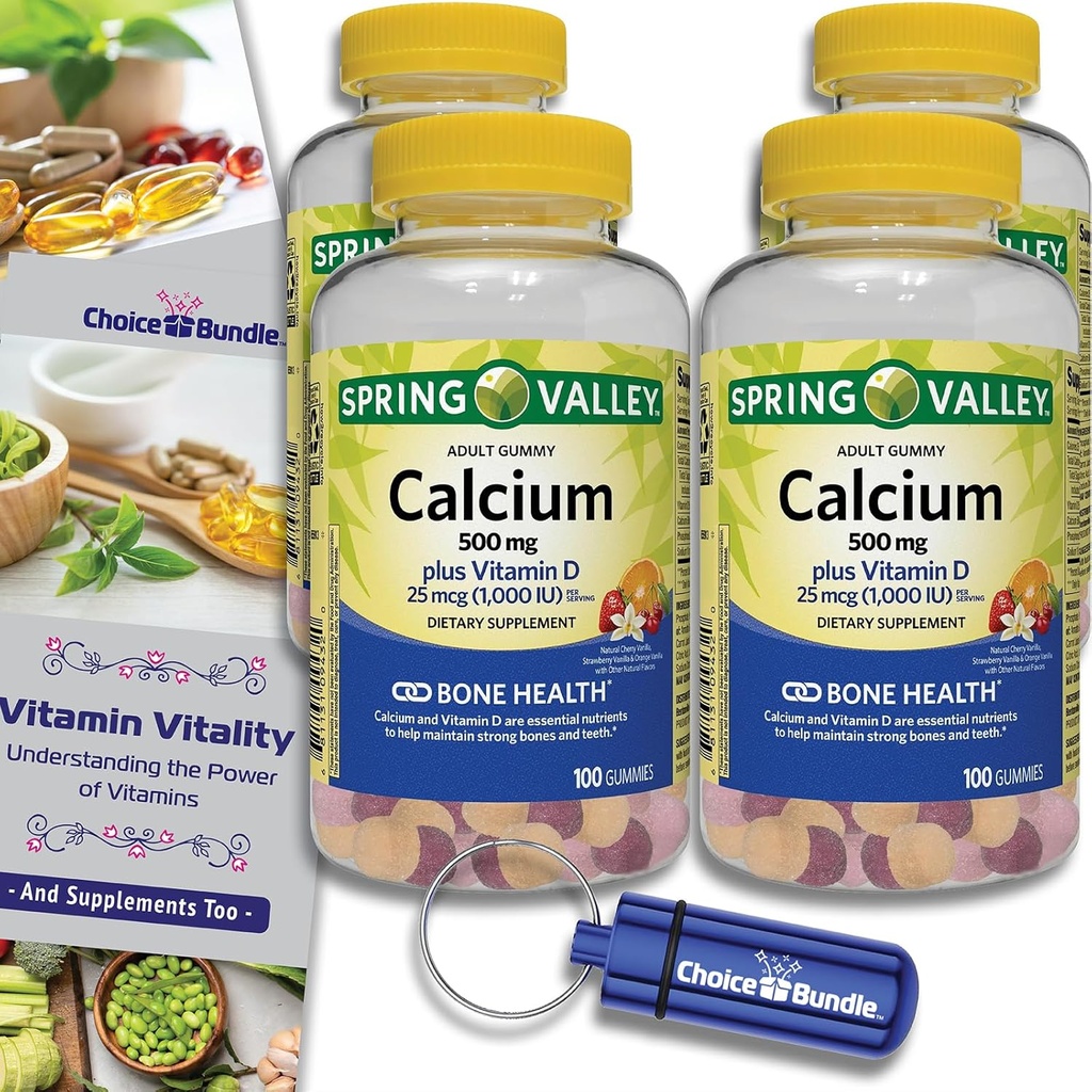 Choice Bundle Spring Valley Calcium 500 mg Plus Vitamin D 25 mcg Συμπληρώματα διατροφής για την υγεία των οστών Gummies, 100 Ct 4 pk (400 Σύνολο) + Vitamin Guide and Pill Container (6 αντικείμενα)!
