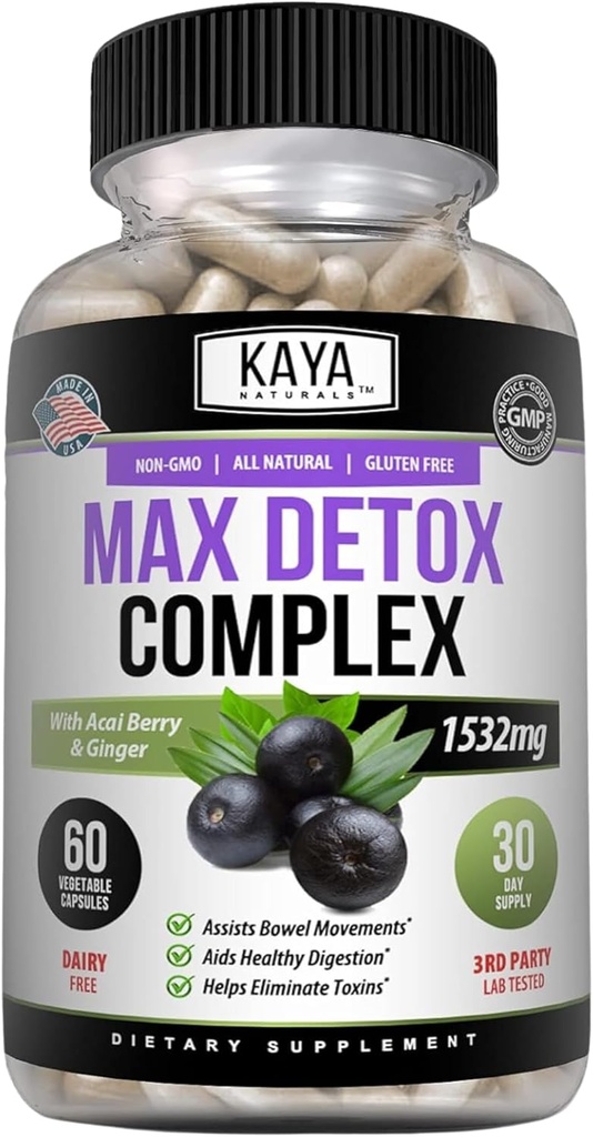 Kaya Naturals Max Detox Herbal Supplement - Doğal Malzemeler 1532 mg - Psyllium Toz, Acai Berry Ekstraksiyon, Ginger Root 60 Count