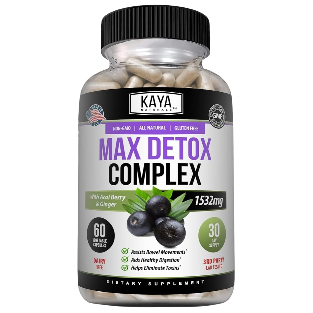 Kaya Naturals Max Detox Herbal Supplement - Doğal Malzemeler 1532 mg - Psyllium Toz, Acai Berry Ekstraksiyon, Ginger Root 60 Count