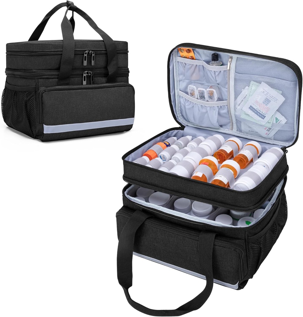 CURMIO Çift Katmanları Pill Şişe Organizer Bag Boş, Tıp Organize Deposu Kilitli Tuvaletler, İlaçlar Prescription Şişes, Medical Materials, Black (Patent Design)