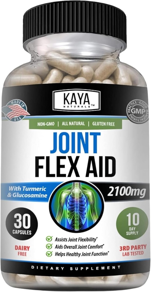 Kaya Naturals Mobility Flex Aid - Mobility Supplement for Men and Women - Turmeric Capsles with Glucosamine Sulfate - for Knee Support and Mobility Health - 30 Count