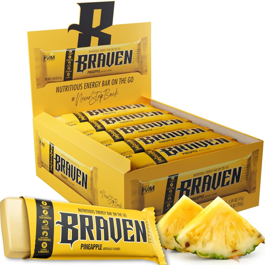 Braven Bar Pineapple Energy Bars (1,59 oz, πακέτο των 20) – Ενεργειακά Chews με 5g Πρωτεΐνη – On-the-Go Ενεργειακά Σνακ για τρέξιμο, Πεζοπορία, και Αθλητισμός - Χωρίς γλουτένη Snacks για Παρατεταμένη Ενέργεια Boost
