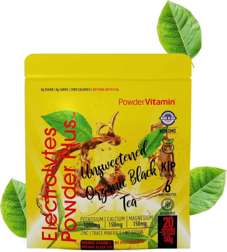 TozVitamin Electrolytes Toz Plus (20 Hizmet) Unsweetened Black Tea Electrolyte Toz Keto,SugarFree, Pink Himalaya Salt,1000 mgPyum,150 mgCalcium,150 mgMagnesium,Hydration Toz NO STEVIA