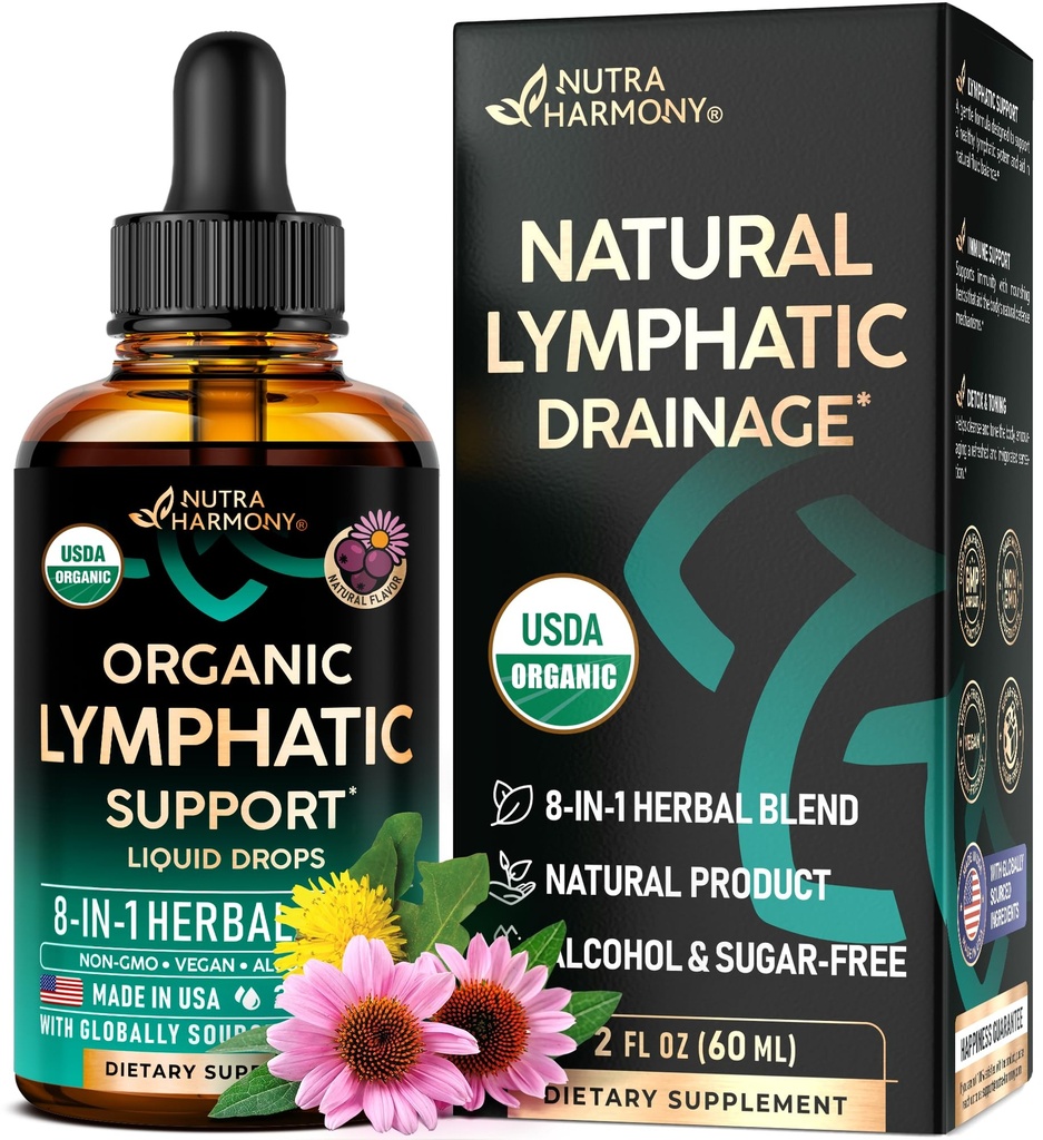 USDA Organic Lymphatic Drainage Supplement - Echinacea | Elderberry | Dandelion | Rosehip | Cleavers | Calendula | Burdock - ABD'de Made - Lymph System Drops - Immune Support, Cleanse & Detox, 2 fl ozzz