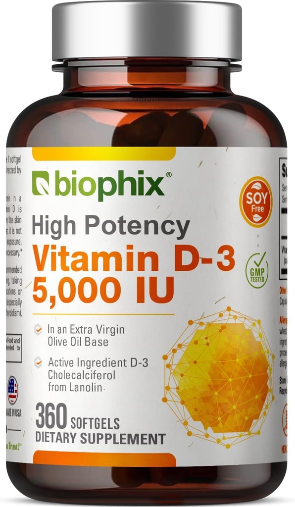 Biyophix Vitamin D-3 5000 IU 360 Softgels - Ekstra Virgin Zeytinyağının Yüksek Lisanssızlığı Non-GMO Soy-Free Supports Güçlü Bones Immune Health