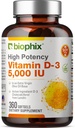 Biyophix Vitamin D-3 5000 IU 360 Softgels - Ekstra Virgin Zeytinyağının Yüksek Lisanssızlığı Non-GMO Soy-Free Supports Güçlü Bones Immune Health