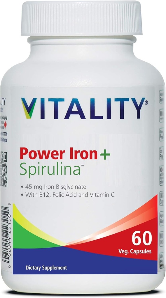 VITALITY Power Iron + Spirulina | 45mg Iron | Blood Builder | Iron Deficiency Support | Vegan | All Natural Supplement | Stomach | Capsules... (60 Kont)