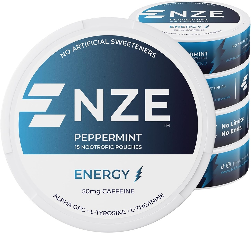 NZE Caffeine Nootropic Pouches (Peppermint) - Ενεργειακά Κουτιά με 50mg Caffeine, Alpha GPC, L-Tyrosine & L-Theanine χωρίς Ζάχαρη ή Τεχνητά γλυκαντικά - 15 Nicotine Free Pouchs Per Can - 5 Pack
