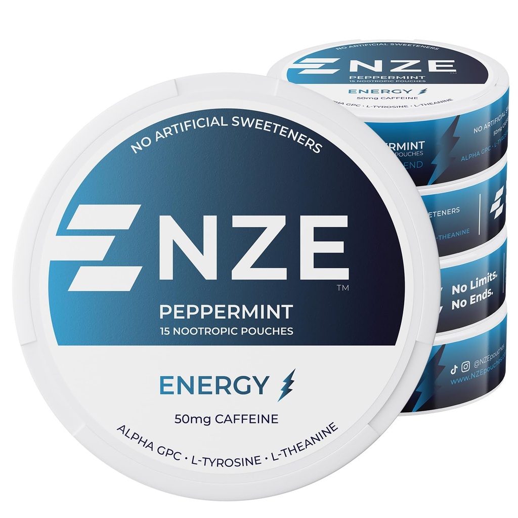 NZE Caffeine Nootropic Pouches (Peppermint) - Enerji 50 mg Caffeine, Alpha GPC, L-Tyrosine & L-Theanine with No Sugar or Yapay Sweeteners - 15 Nicotine Free Pouches Per Can - 5 Pack
