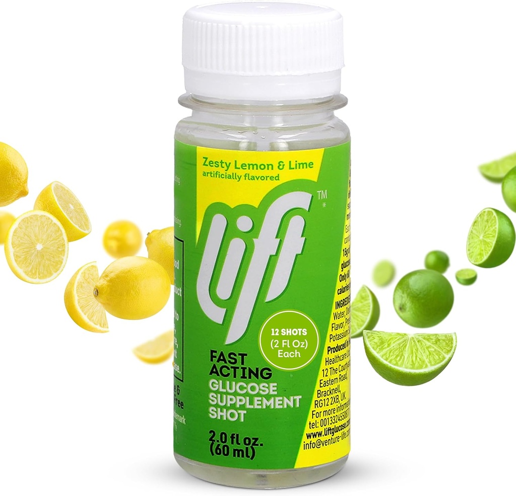Asansör Glucose Fast-Acting Glucose Energy Juice Shots, Lemon Lime, 2.0 fl oz Şişeler (Pazar 12)
