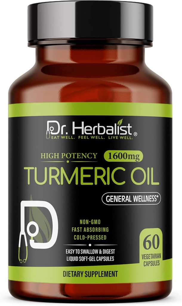 Dr. HERBALIST Turmeric Curcumin Oil Capsules 1600 mg - 60 Capsules | Non-GMO | Hızlı Absorbing | Vegetarian | Cold-Pressed | High Potency I AKA Haldi Capsules (1 Pack: 60 Capsules)