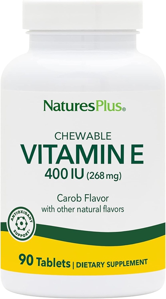 NaturesPlus Vitamin E Chewable - 400 iu, 90 Vejetaryen Tabletler - Doğal Karob Flavor - Sağlıklı Kartiovascular Fonksiyonlar, Free-Radical Defense & General Wellée - Gluten-Free - 90 Servisler