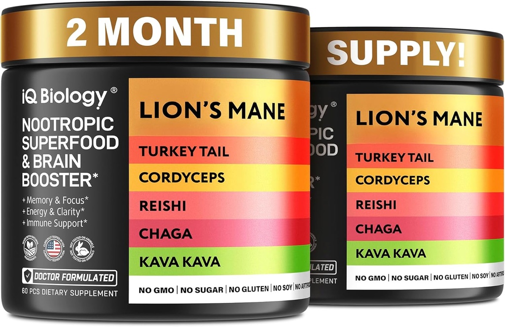 Kava Kava Root Cordyceps Lions Mane Reishi Mushroom Supplement, Nootropic Mushrooms Caps Κάβα Kava Extract, Mushroom Vitamins for Women, Energy Mushrooms, Ashwagandha, Magnesium - 60 Caps (2 Pack)