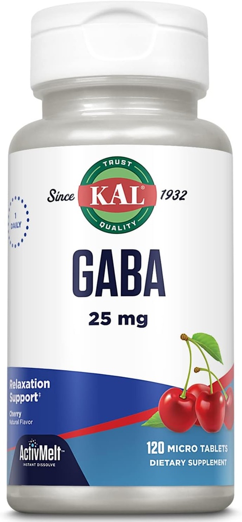 KAL GABA συμπλήρωμα, υποστήριξη χαλάρωσης και υποστήριξη ανακούφισης από το στρες, φυσικό κεράσι Flavor ActivMelt άμεση διάλυση, χορτοφάγοι, 60-Day εγγύηση επιστροφής χρημάτων, 120 εξυπηρετούν, 120 Micro Tablets
