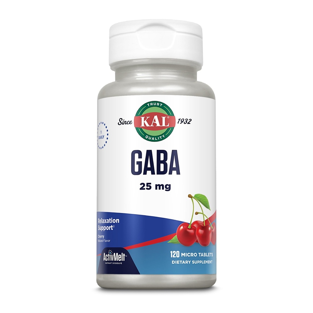 KAL GABA Supplement, Relaxation Support and Stress Relief Support, Natural Cherry Flavor ActivMelt Instant Dissolve, Vegetarian, 60-Day Money-Back Garanti, 120 Hizmet, 120 Mikro Tablet