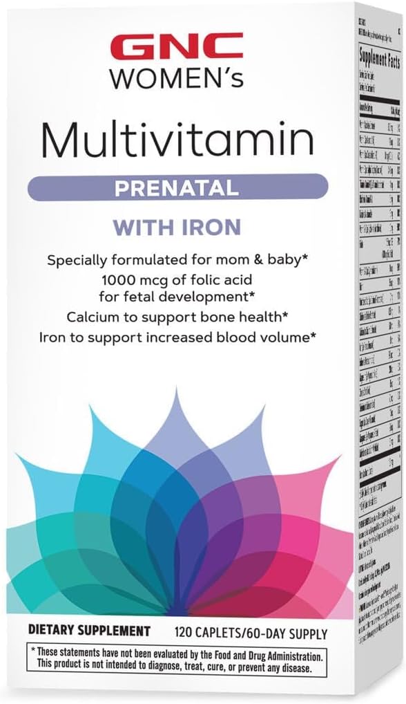 GNC Women's Prenatal Multivitamin Formula with Iron, Supports Gebelik ve Sağlıklı Bebek Gelişimi, Essential Nutrients Folic Asit, çinko, Kalsiyum Plus B Vitaminleri, 120 Caplets