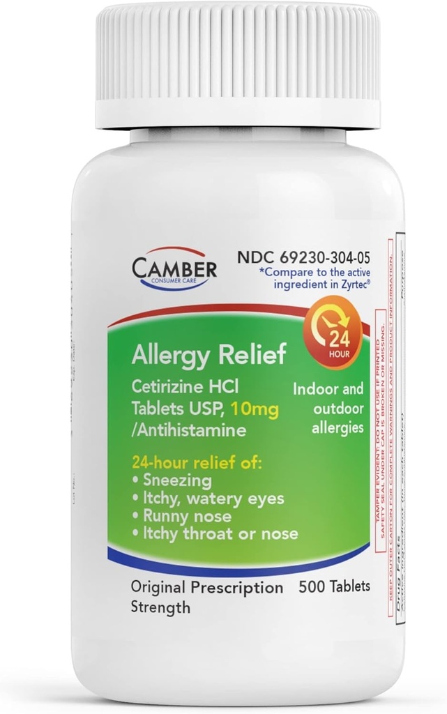 CAMBER PHARMACEUTICALS, INC Cetirizine HCI 10mg Tabletler, 24 Saat Alerjisi Yardımı, Alerji ilaçları - 500 Kont