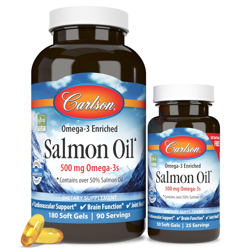 Carlson - Norveçli Salmon Oil, 500 mg Omega-3s, Norveçli Salmon Oil Supplement, Wild Caught Omega 3 Salmon Oil Capsules, Sustainable Sourced, Brain, Heart & Joint Health, 180+50 Softgels