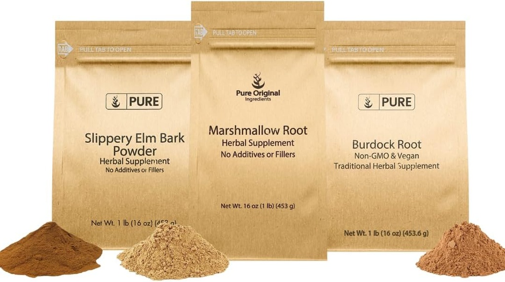 PURE ORIGINAL INGREDIENTS Terpery Elm Bark, Marshmallow Root ve Burdock Root, 1 lb Her, Toz, Herbal Supplements
