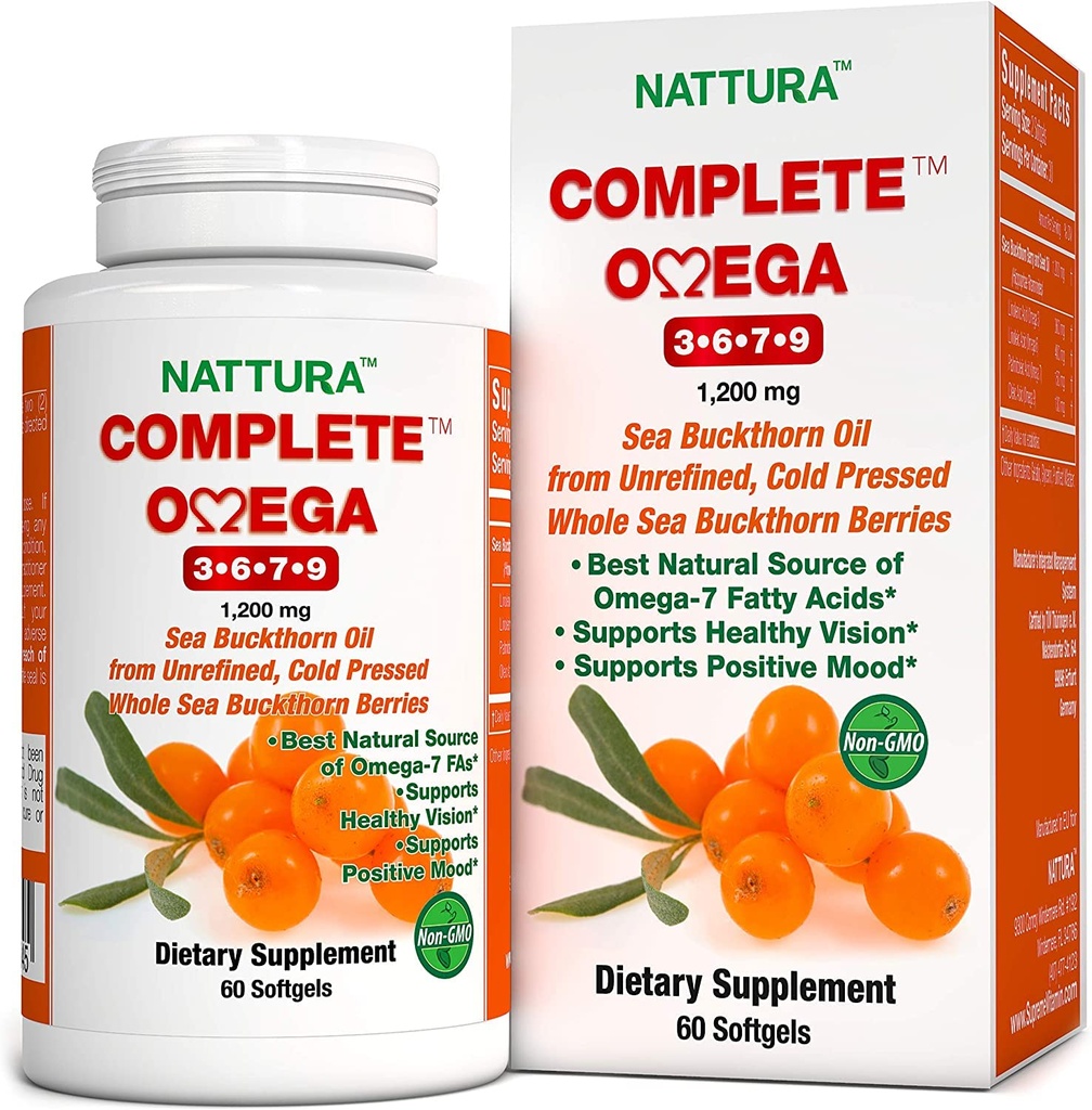 Nattura Tamam Omega 3-6-7-9, Pure Sea Buckthorn Oil, European Quality, Unrefined, Cold Pressed Whole Sea Buckthorn Wild Cave - Non-GMO, Sertifikalı Kosher, Gluten-Free 1 Şişe - 60 Capsules