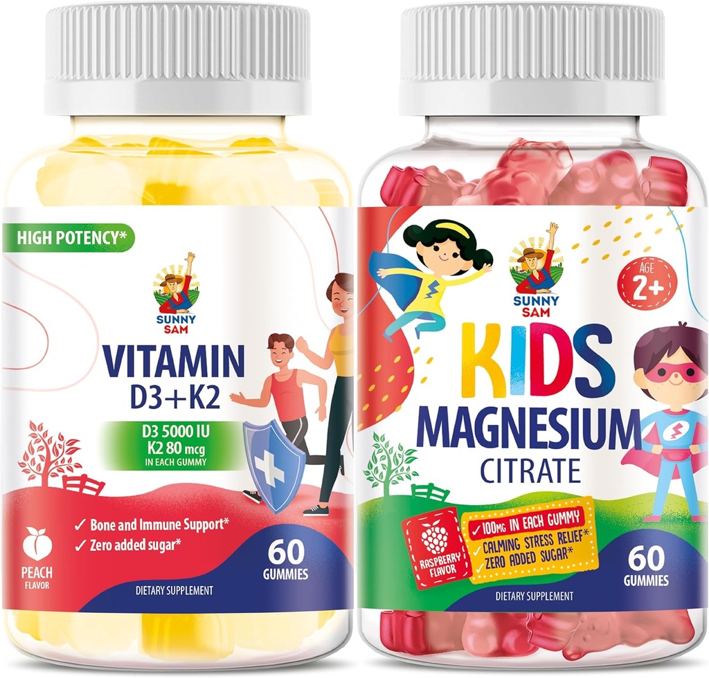 SUNNY SAM Vitamin D3 K2 Gummies 5000 I & Magnezyum Gummies for Kids Citrate Chewable Supplement for Mood & Muscle Support