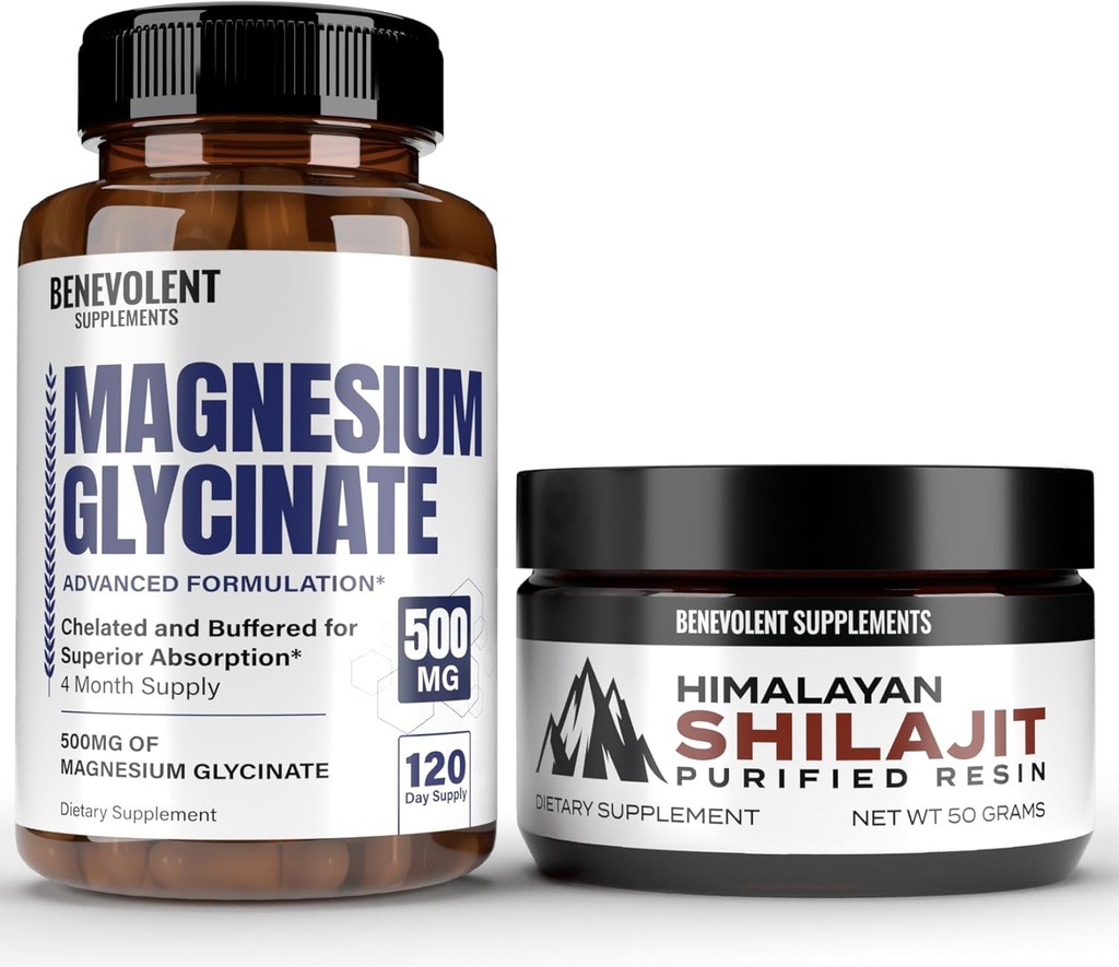 Premium Γλυκινικό μαγνήσιο 500mg Κάψουλες & Shilajit Shilazit Resin - (8 Μήνες Προσφορά + Φόρμουλα Υψηλής Απορρόφησης) Χηλικό Γλυκινικό Βυθισμένο - 85+ Ίχνη Ορυκτών για Ενέργεια, Επιδόσεις, Ανοσοποιητικό S