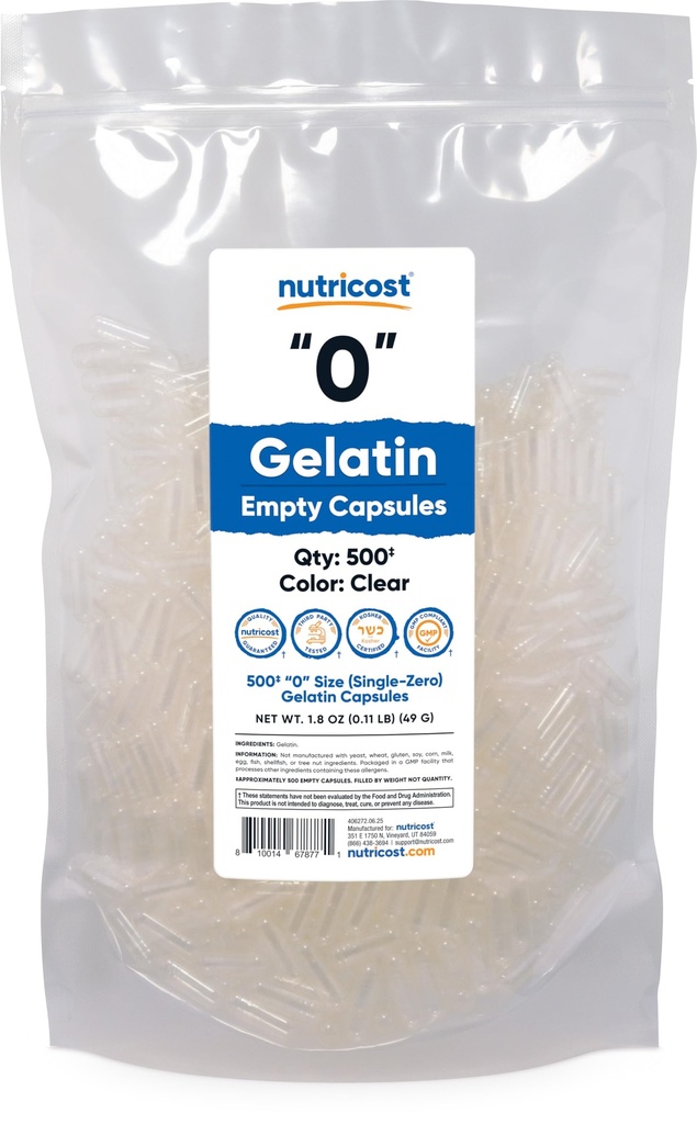 Άδειες κάψουλες Nutricost Ζελατίνη Μέγεθος 0-500 Καθαρίστε Κενές κάψουλες γέλης '0' - Kosher, Μη ΓΤΟ, Χωρίς σόγια, Χωρίς γλουτένη