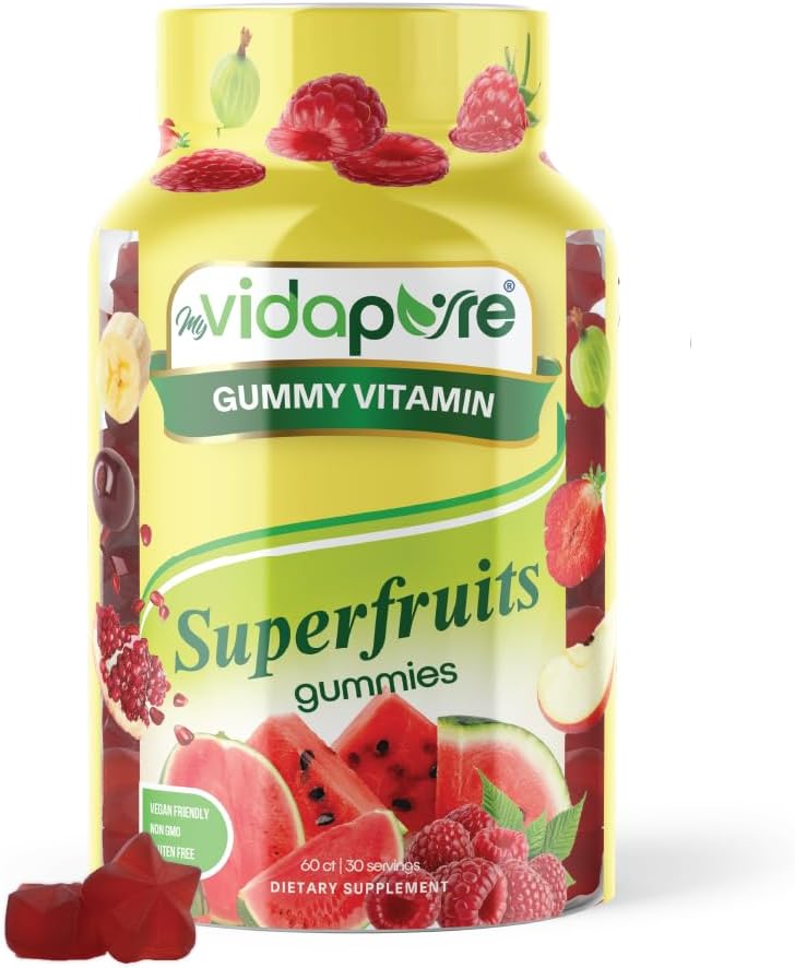 MYVIDAPURE Καταπληκτικά Superfruits Star Gummies Βιταμίνες A,C,E, Ψευδάργυρος, Acai Berry, Acerola, Goji, Beet Root, Φράουλα, Gooseberry. Καρπούζι με μούρα. Μη ΓΤΟ, Χωρίς γλουτένη, Vegan 60 Gummies