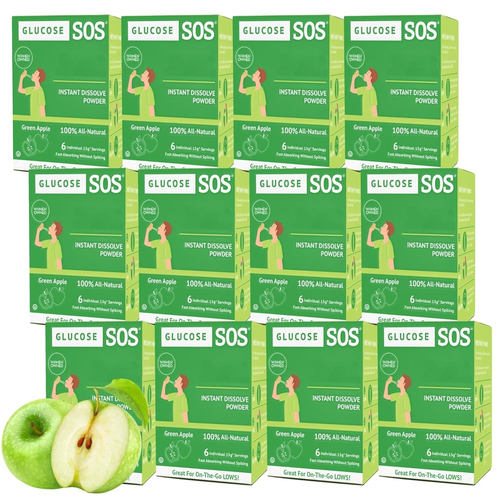 Glucose SOS Glucose Toz Paketleri Natural Dextrose, Fast-Abxia Bu, No Water Needed ile Ağızınızda Ayrılma, Yeşil Apple 72 Hizmetler
