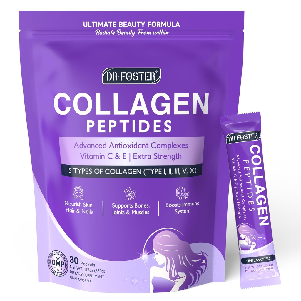 DRFOSTER Collagen-Peptides-Powder-Packets - Multi Type I II III V X Collagen for Women with Antioksit + Vitamin C & E for Skin, Hair, Nail & Ortak, Non-GMO, 30 Stick Packs