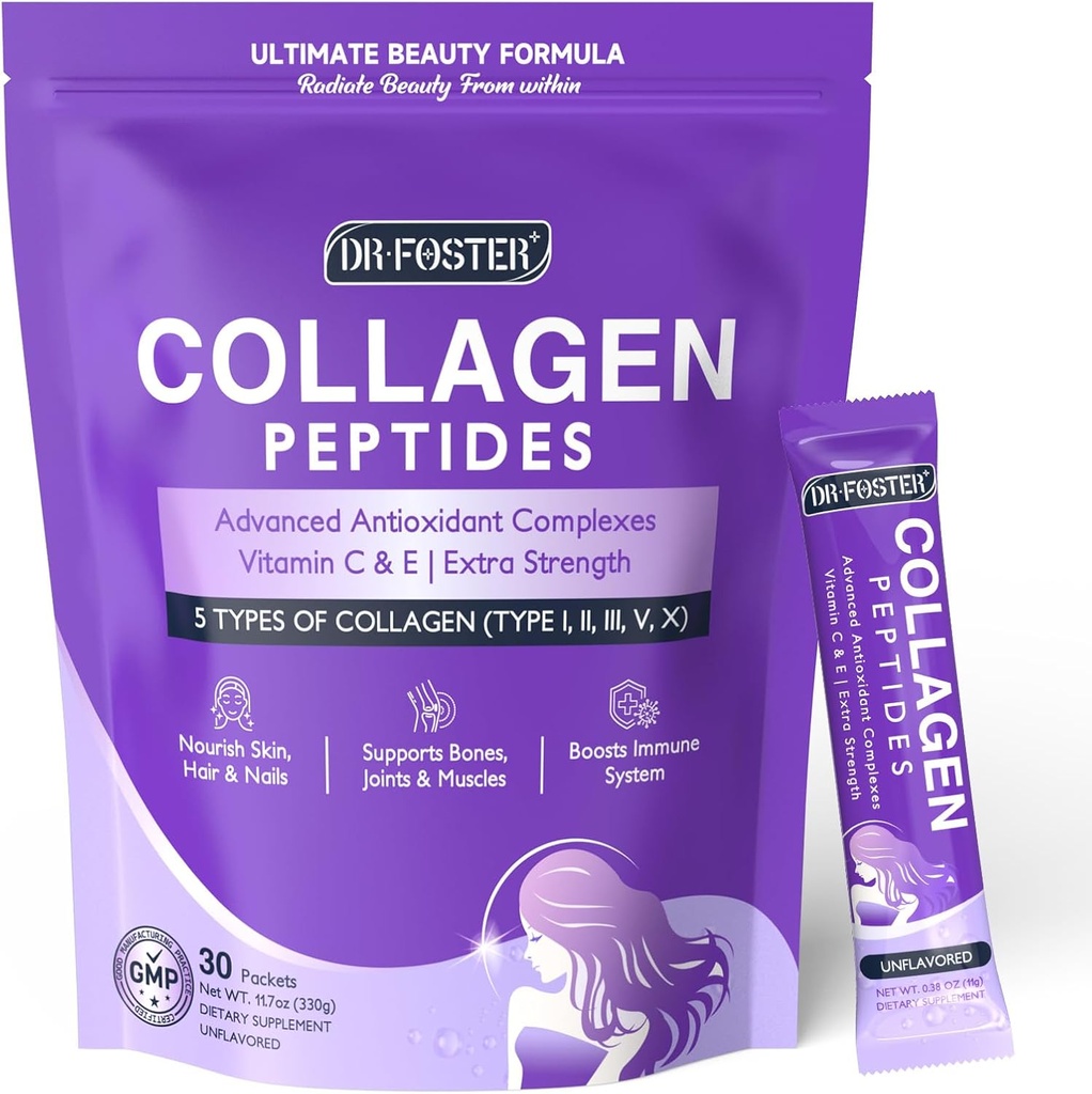 DRFOSTER Collagen-Peptides-Powder-Packets - Multi Type I III V X Collagen for Women with Antioxidant Blend + Vitamin C & E for Skin, Hair, Nail & Joint, Non-GMO, 30 Stick Packs