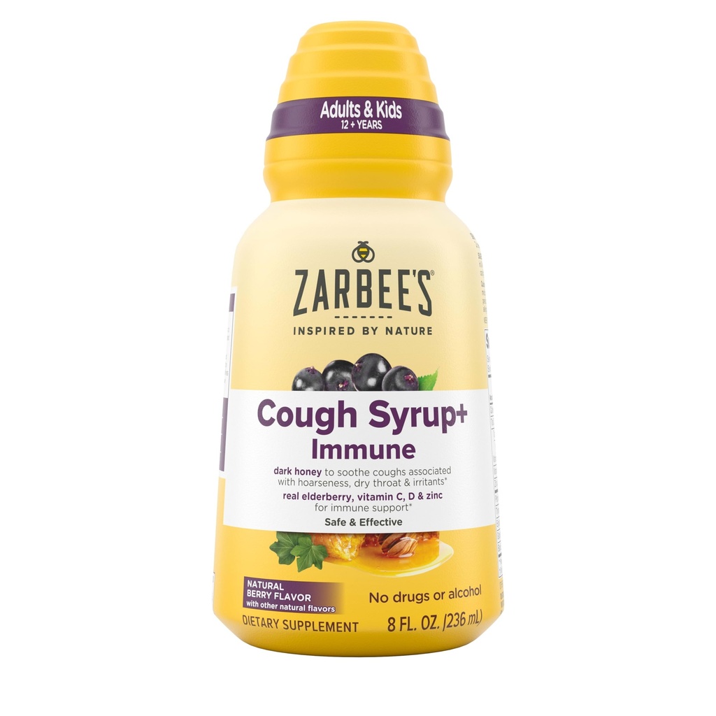 Zarbee's Naturals Πλήρης Μέρα Σιρόπι Βήχας + Ανοσοποιητικό με Σκοτεινό Μέλι, Πραγματικό Βατόμουρο, Βιταμίνη C, D & Zinc, Φιάλη 8 oz