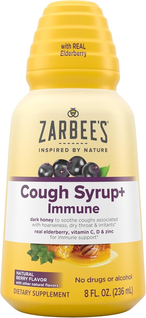 Zarbee's Naturals Complete Daytime Cough Syrup + Immune with Dark Honey, Real Elderberry, C, D & çinko, 8 oz Şişe