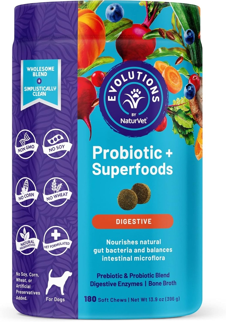NaturVet Evolutions Probiyotik & Superfoods 90ct Soft Chews for Dogs - Prebiyotik & Probiyotik Mix, Digestive Enzymes, Bone Broth, Omega's - Nourishes Natural Gut Bakteri ve Intestinal Microflora