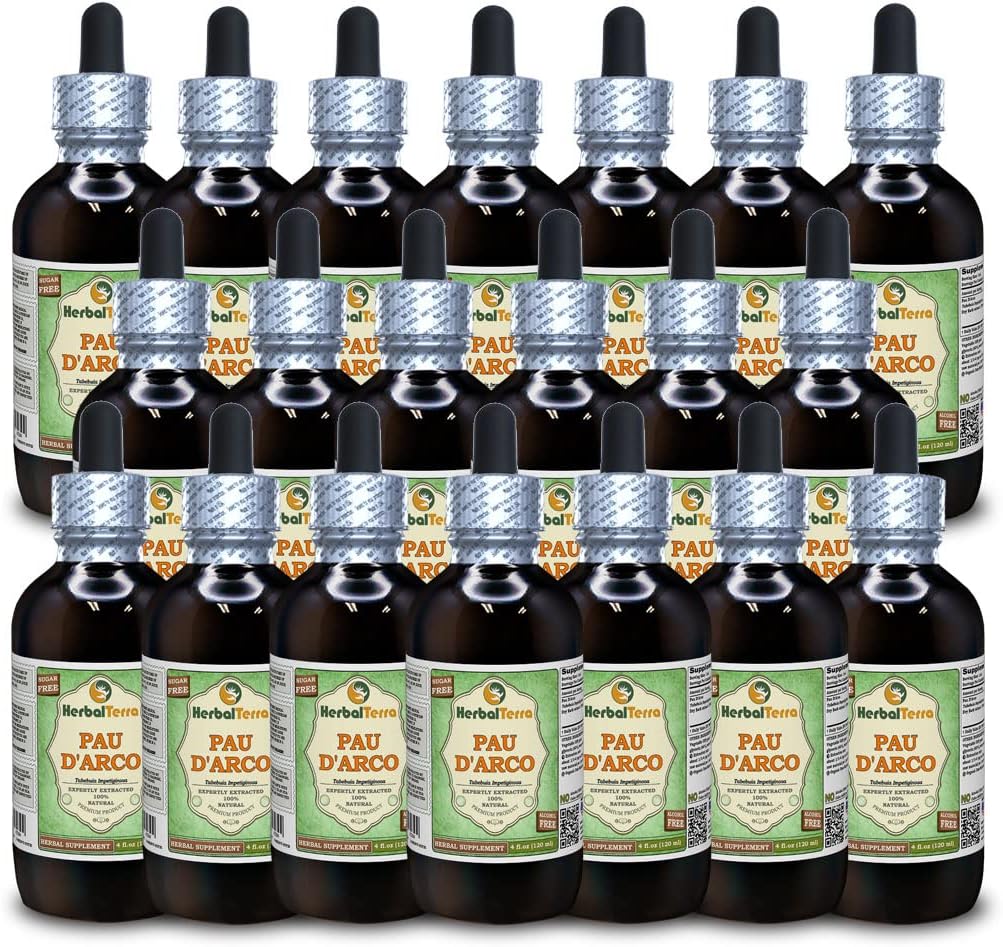 PAU d'arco (Tabebuia Impetiginosa) Glycerite, Dried Bark Alcohol-Free Liquid Extract (Brand Name: HerbalTerra, Proudly Made in USA) 20x4 fl.oz (20x120 ml)