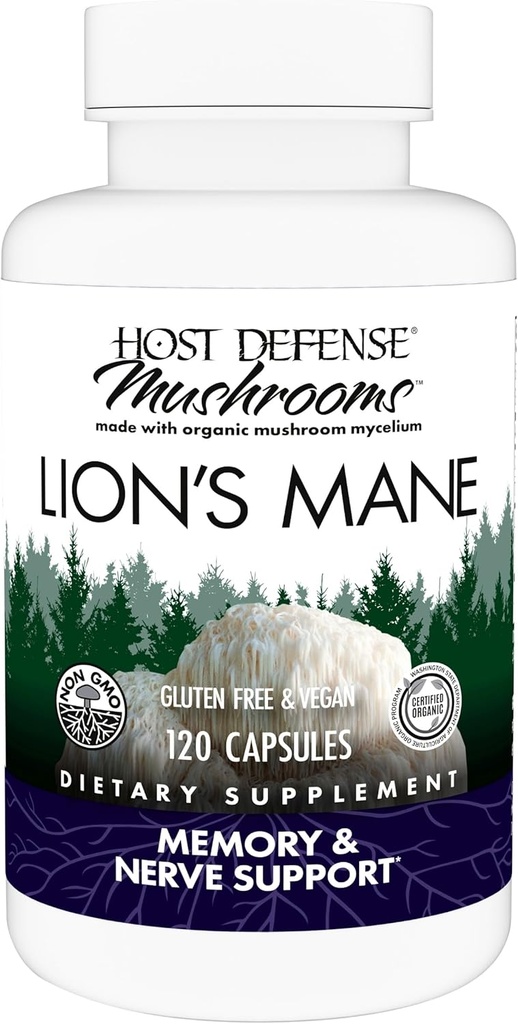 Host Defense Mushrooms Lion's Mane - Beyin Sağlık Desteği için Tamam Kapsüller - Odak ve Hafıza Fonksiyonu için Destek - Immune & Nervous System Supplement - 120 Capsules (60 Hizmetler)*
