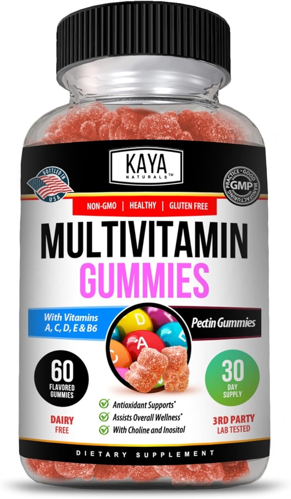 Kaya Naturals Yetişkin Multi Vitamin Gummy, Biotin, Vitamin A, C & E, Including çinko &Vitamin B-12, Folic Acid, Strawberry Flavor | Gluten-Free multivitamins Sweet Adult Gummies - 60 Gummies
