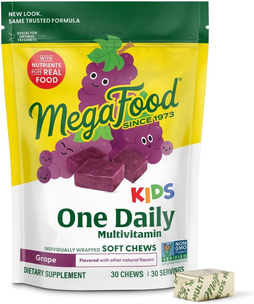 MegaFood Kids One Daily Multivitamin Soft Chews - Çocuklar B Vitamin C, Vitamin D & Vitamin E - Yaş Egzersizi, Vejetaryen, 9 Yiyecek Allergens olmadan Yapıldı - Grape Flavor - 30 Chews