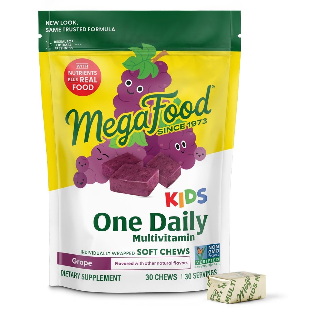 MegaFood Kids One Daily Multivitamin Soft Chews - Παιδικές Βιταμίνες με Βιταμίνη Β, Βιταμίνη C, Βιταμίνη D & Βιταμίνη Ε - Ηλικία 4+, Χορτοφαγικά, Made Without 9 Food Allergens - Grape Flavor - 30 Chews